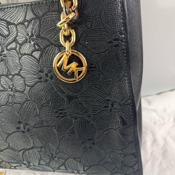 Authentic Michael Kors Black Saffiano Leather Floral Embossed Shoulder Bag - Picture 3 of 14